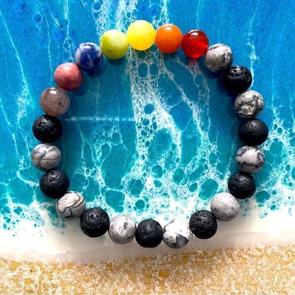 Handmade crystal bracelet // picture & lava stone Jasper, chakra // 7” wrist - Picture 2 of 2